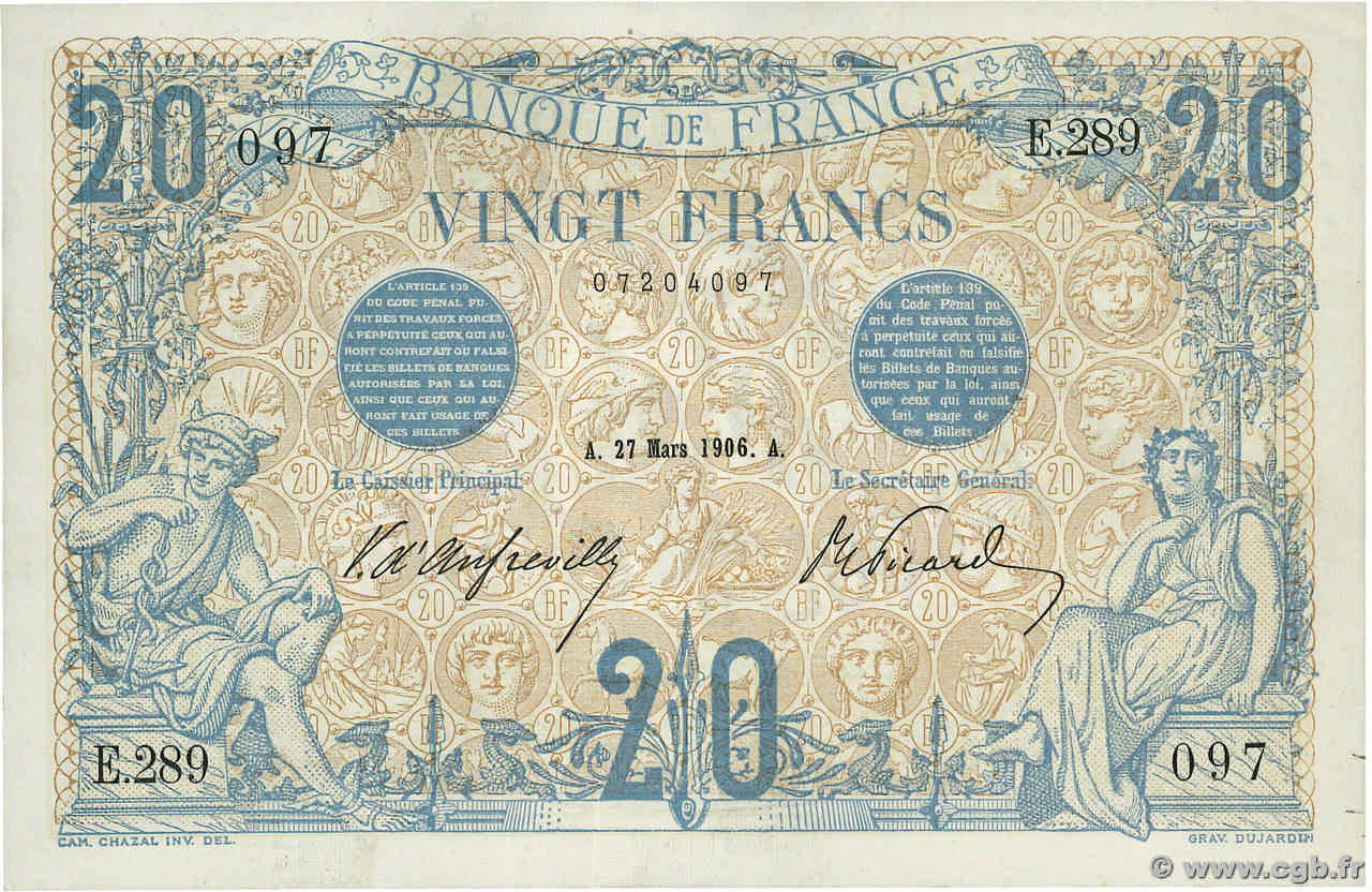 20 Francs BLEU FRANKREICH  1906 F.10.01 VZ+