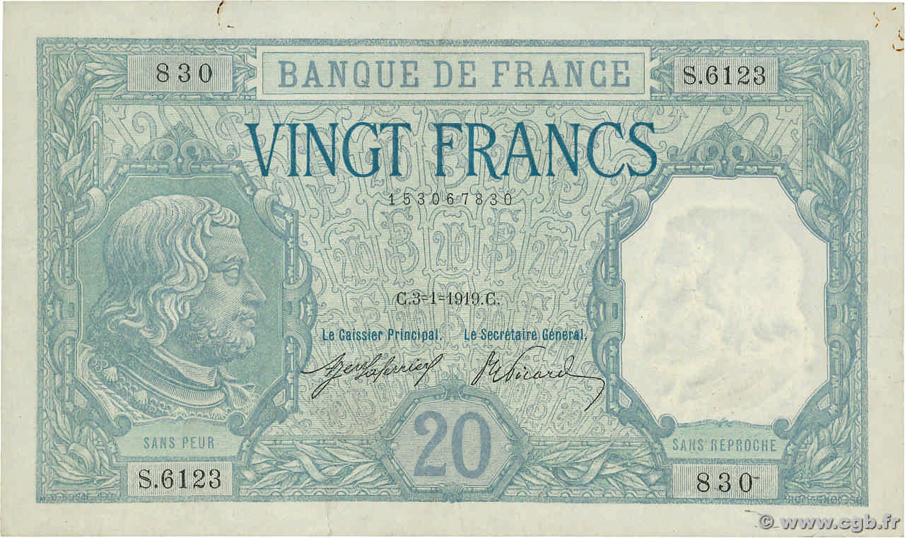 20 Francs BAYARD FRANKREICH  1919 F.11.04 fVZ