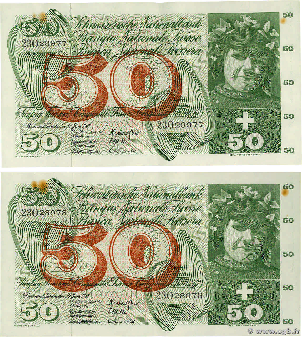50 Francs Consécutifs SUISSE  1967 P.48g SUP+
