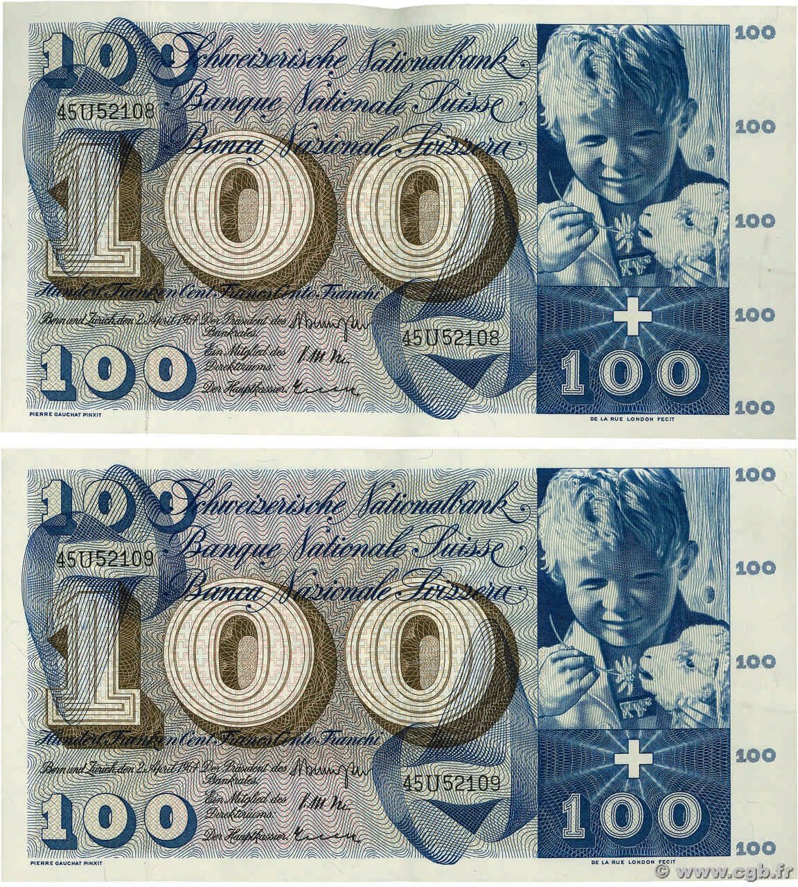 100 Francs Consécutifs SUISSE  1964 P.49f AU