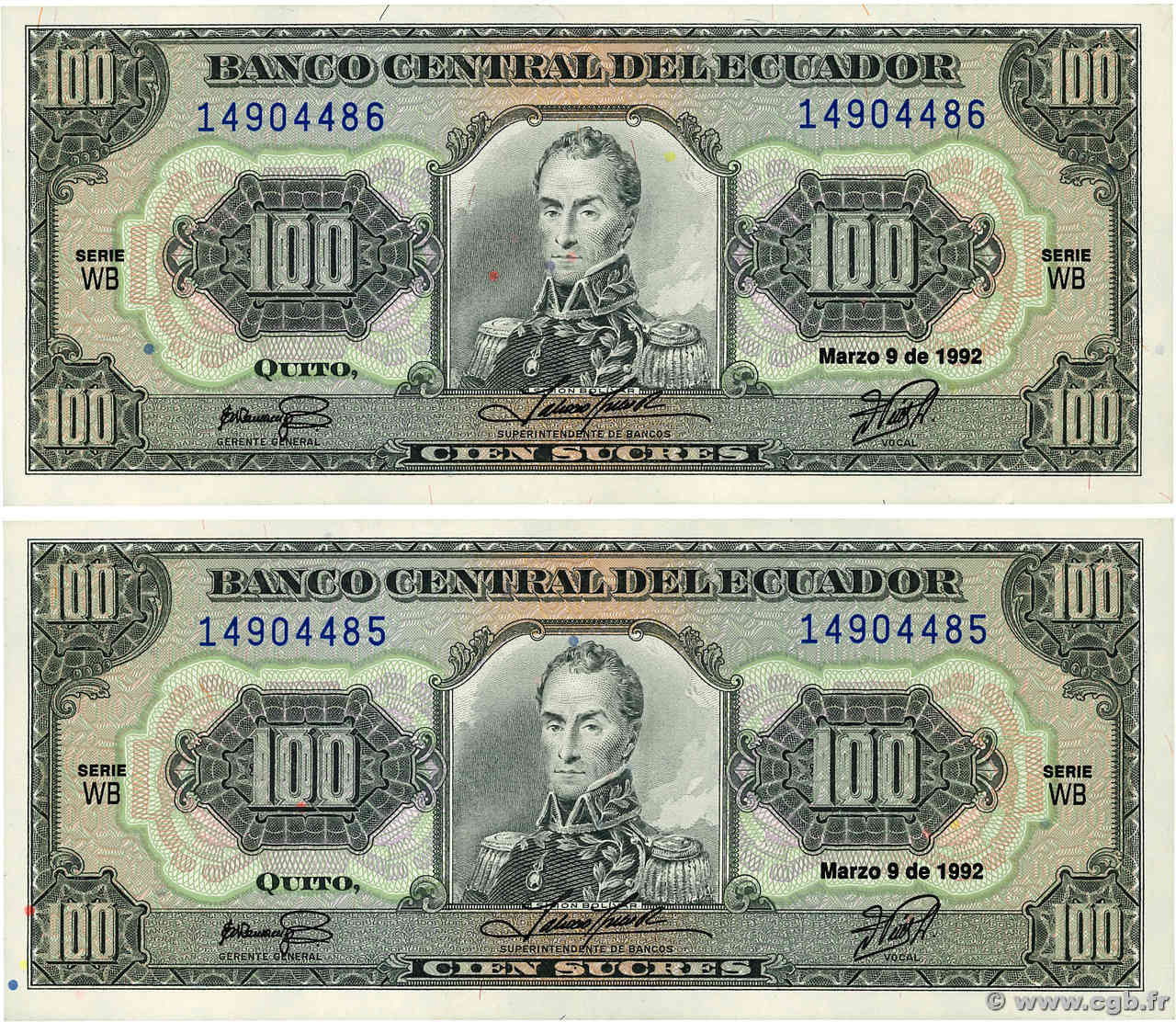 100 Sucres Consécutifs ÉQUATEUR  1993 P.123Ab SUP