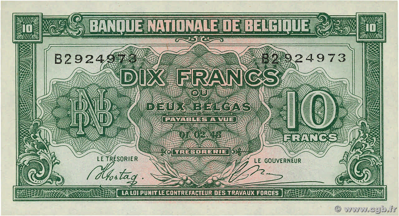 10 Francs - 2 Belgas BELGIQUE  1943 P.122 NEUF