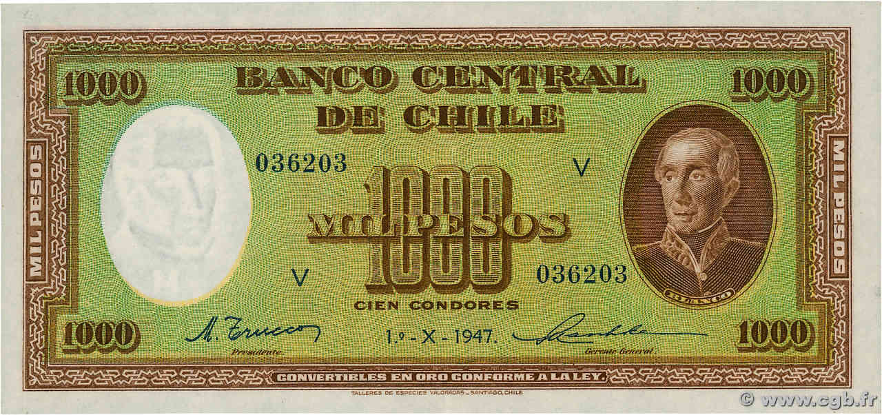 1000 Pesos - 100 Condores CHILI  1947 P.107 SPL
