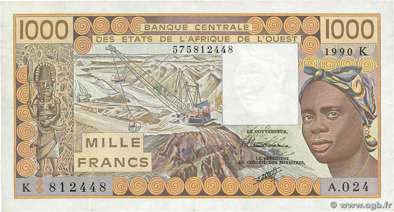 1000 Francs ÉTATS DE L AFRIQUE DE L OUEST  1990 P.707Kj TTB+