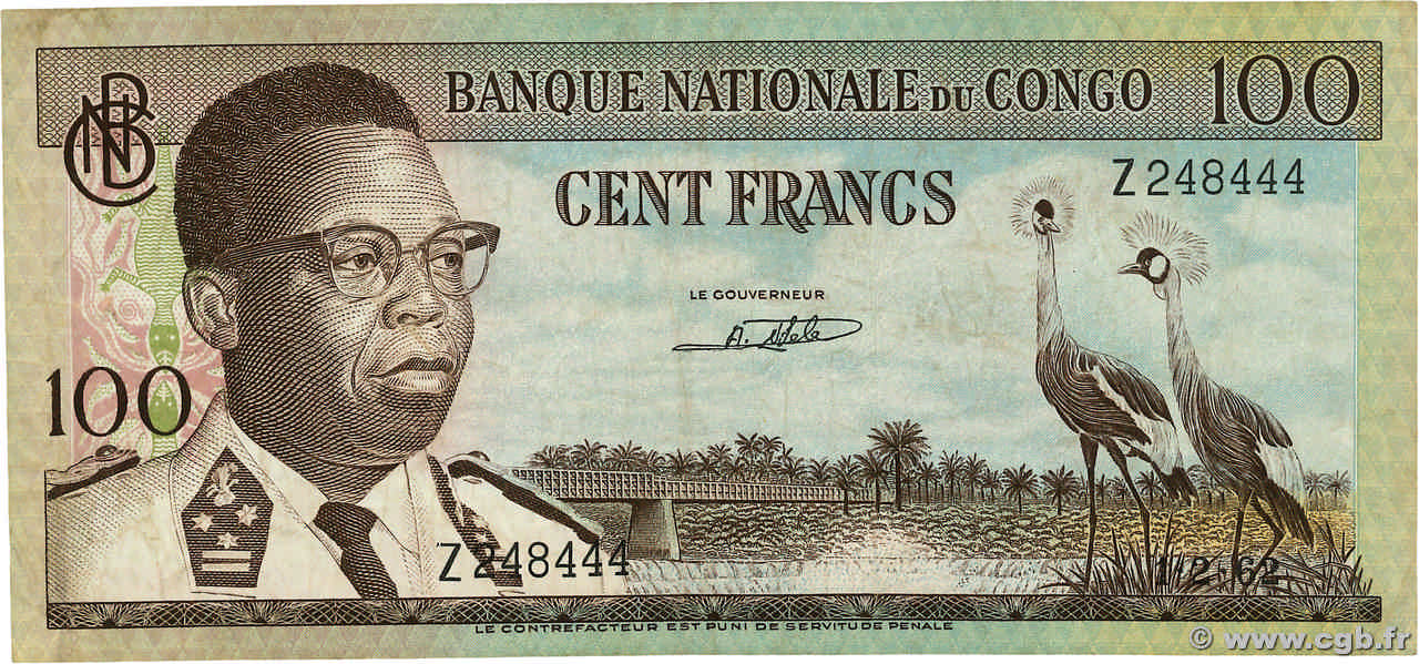 100 Francs REPúBLICA DEMOCRáTICA DEL CONGO  1962 P.006a BC+