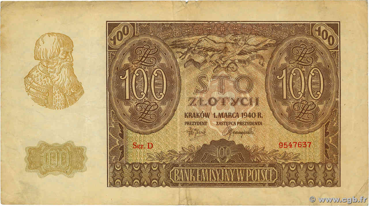 100 Zlotych POLOGNE  1940 P.097 pr.TTB