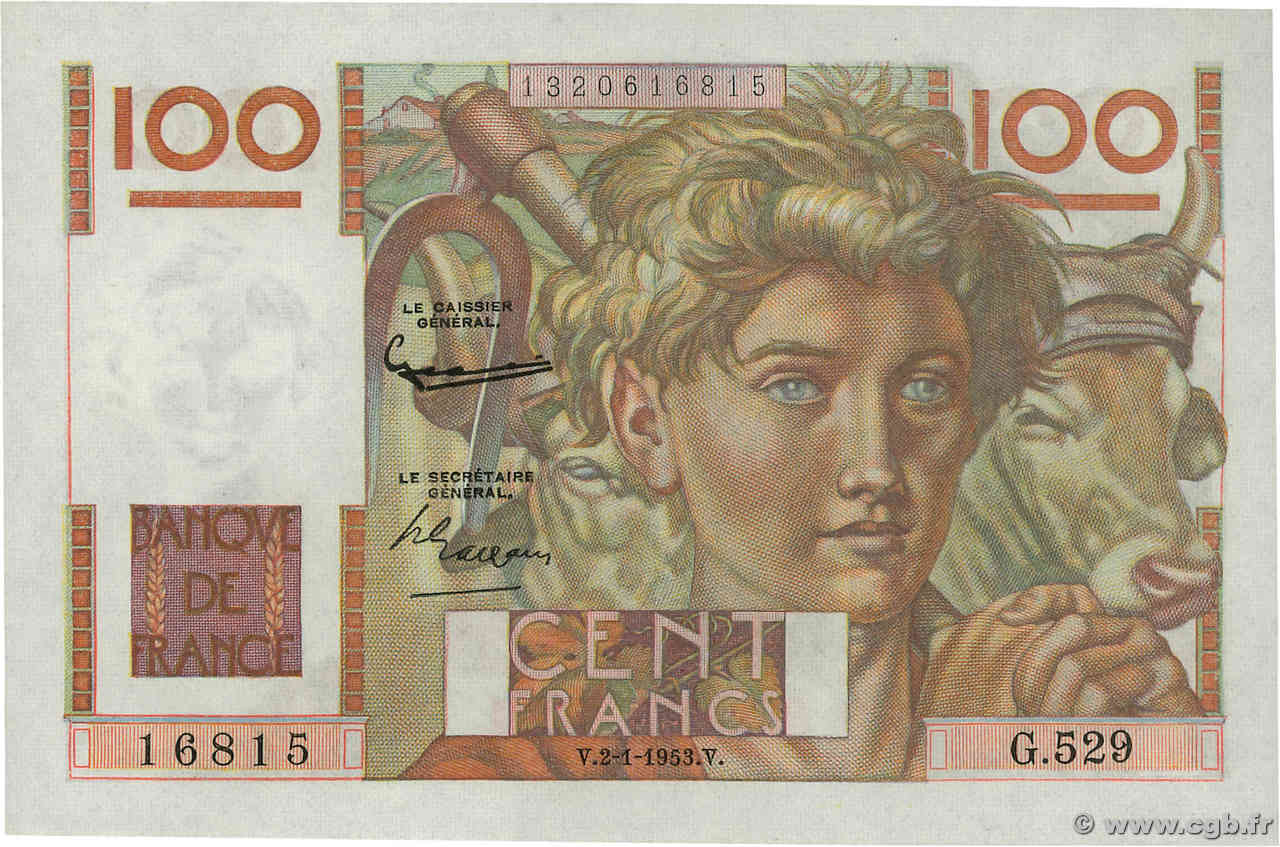 100 Francs JEUNE PAYSAN FRANCE  1953 F.28.35 NEUF