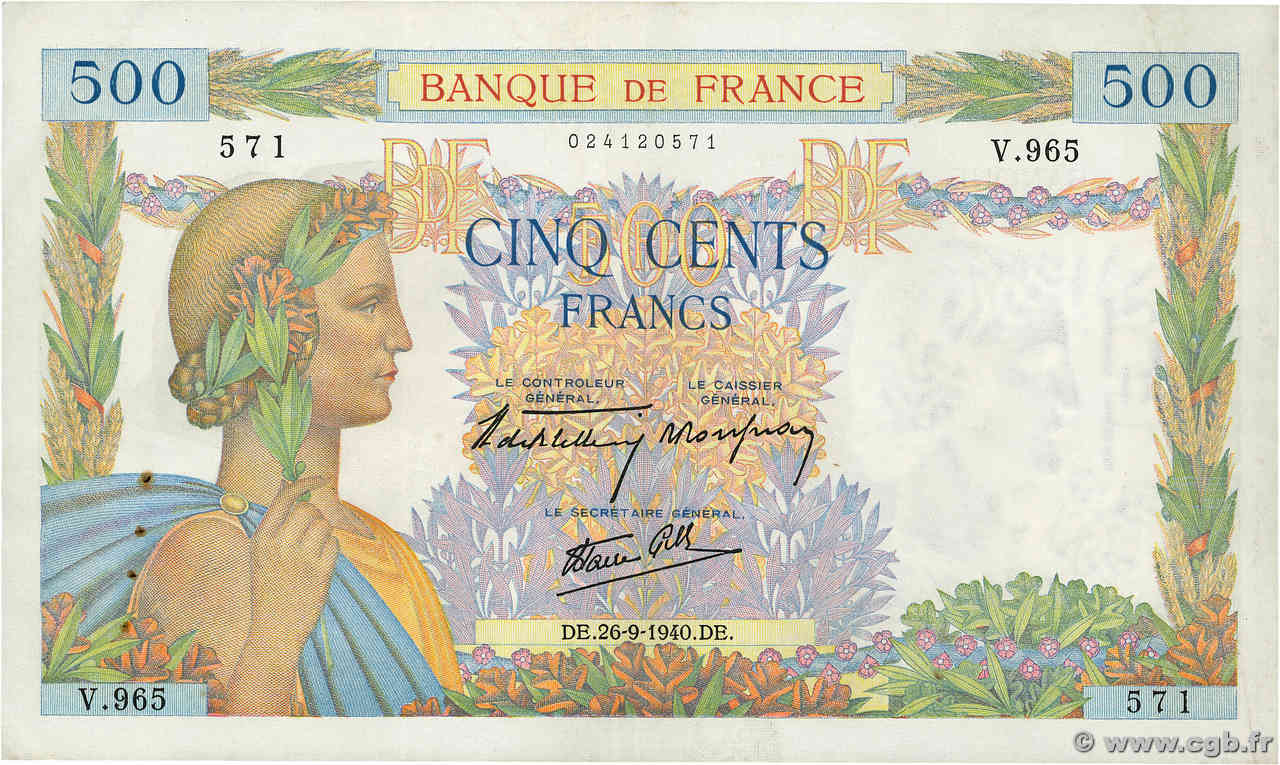 500 Francs LA PAIX FRANCE  1940 F.32.06 pr.SUP