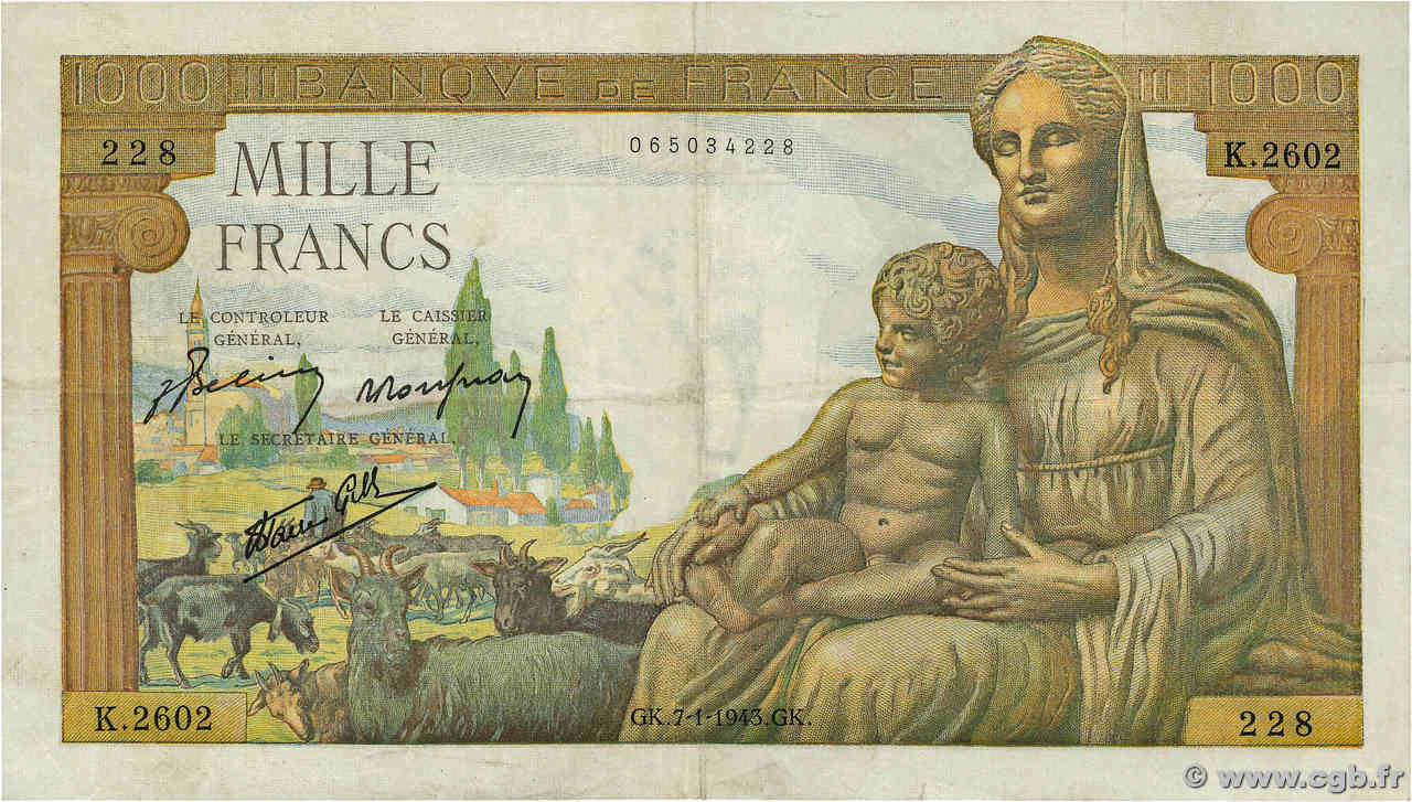 1000 Francs DÉESSE DÉMÉTER FRANCIA  1943 F.40.15 BB