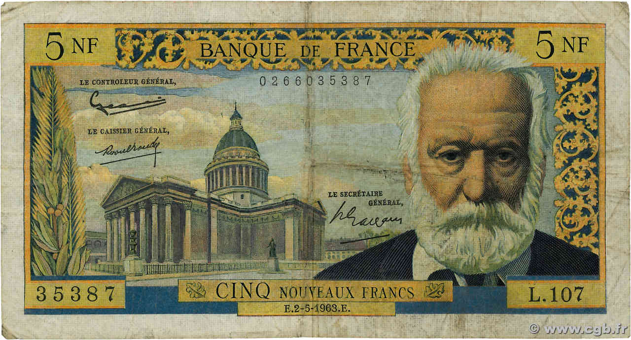 5 Nouveaux Francs VICTOR HUGO FRANCE  1963 F.56.14 B+