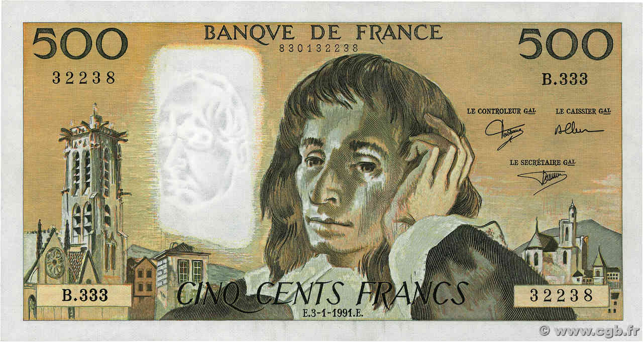 500 Francs PASCAL FRANCE  1991 F.71.46 TTB+
