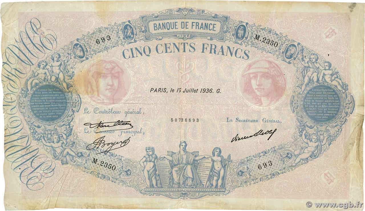 500 Francs BLEU ET ROSE FRANCE  1936 F.30.37 TB