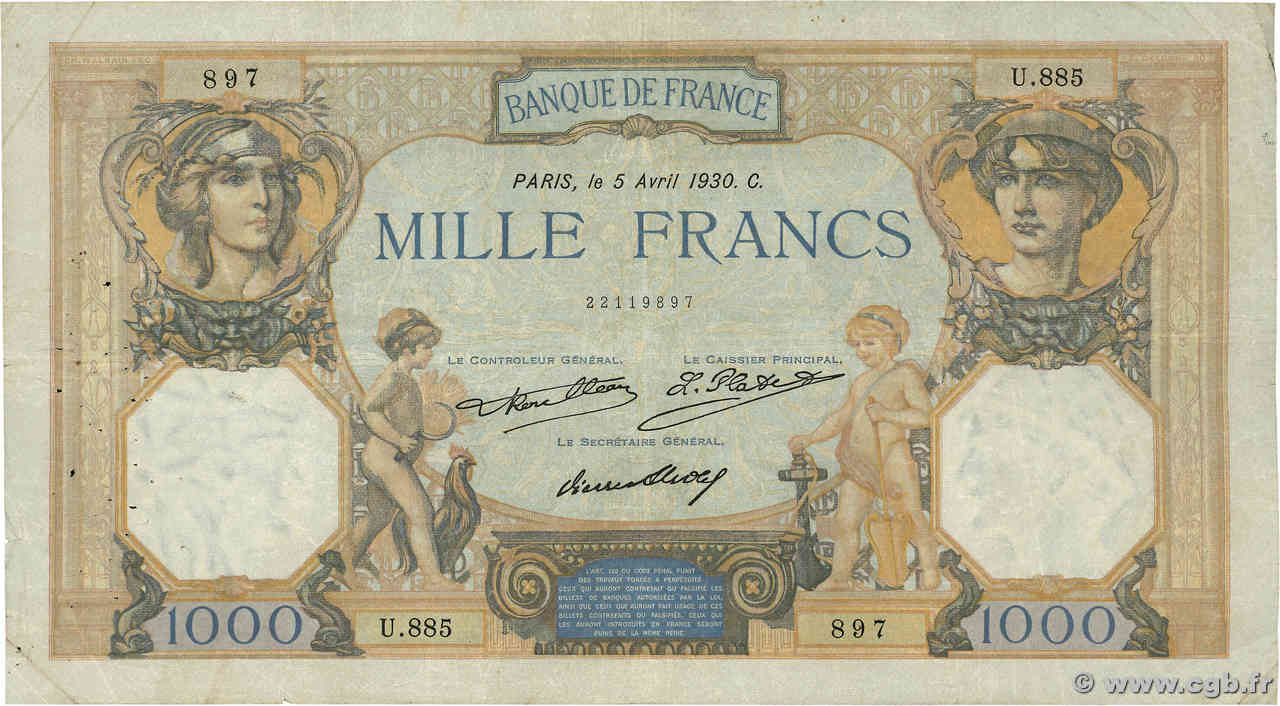1000 Francs CÉRÈS ET MERCURE FRANCE  1930 F.37.05 pr.TB