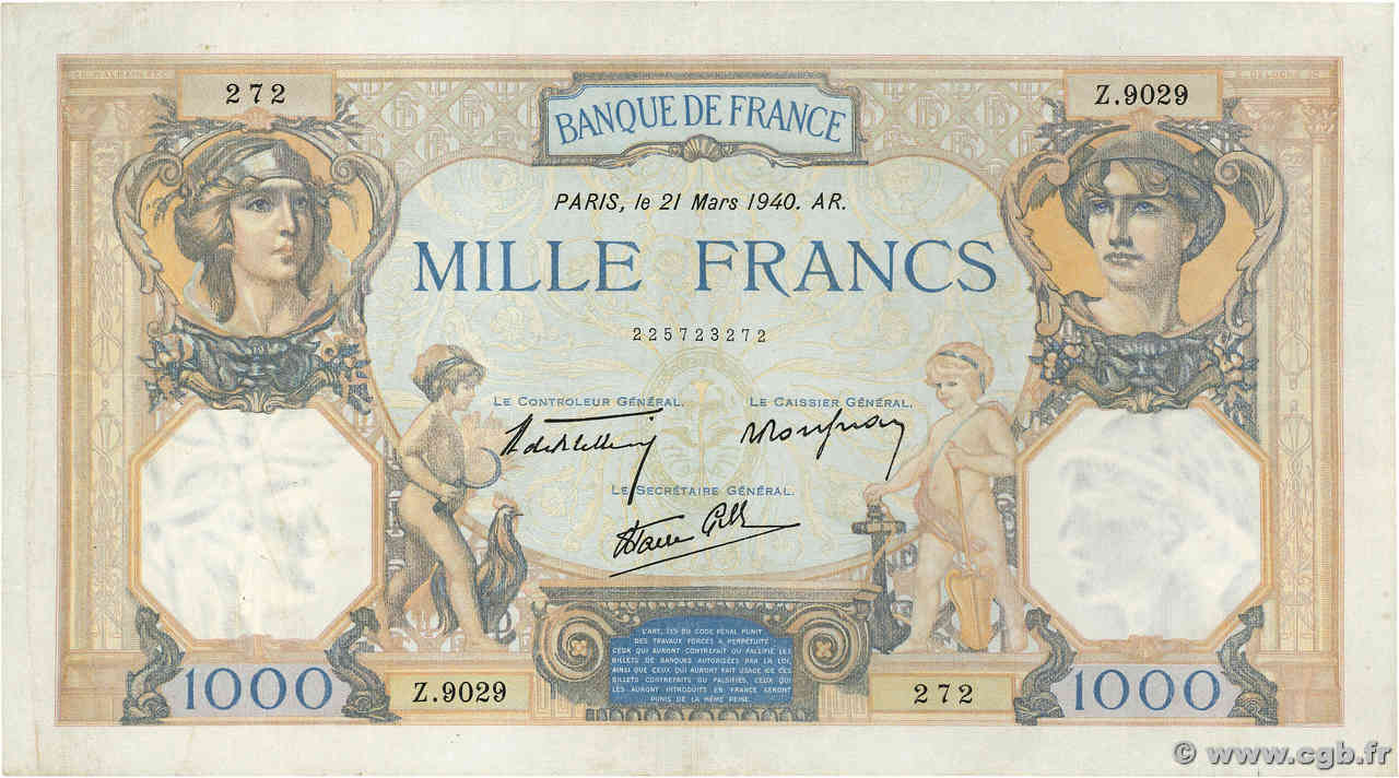 1000 Francs CÉRÈS ET MERCURE type modifié FRANCE  1940 F.38.44 VF+