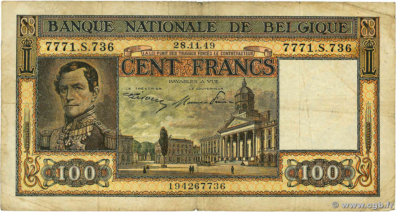 100 Francs BELGIUM  1949 P.126 F-