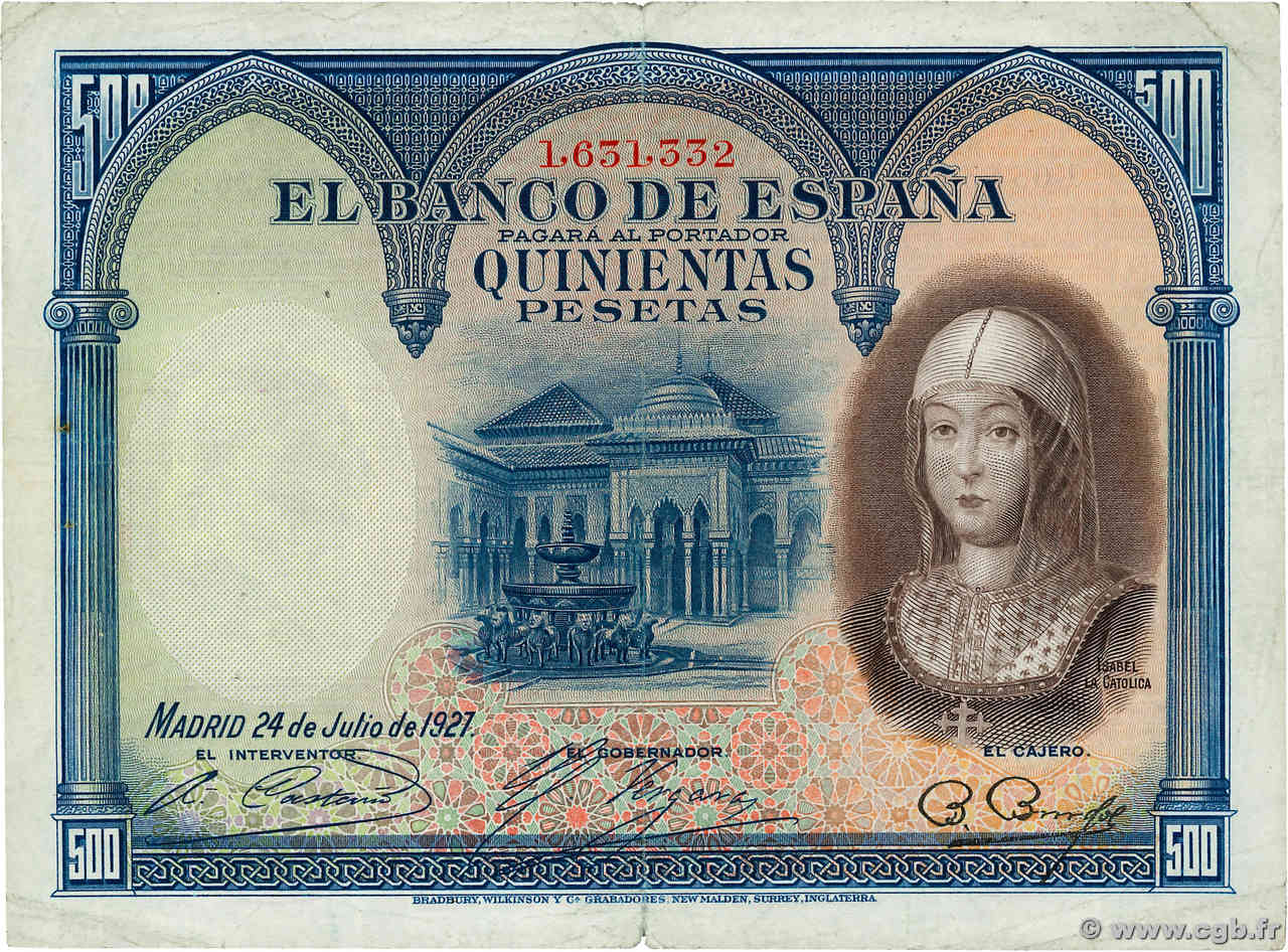 500 Pesetas SPAIN  1927 P.073c VF