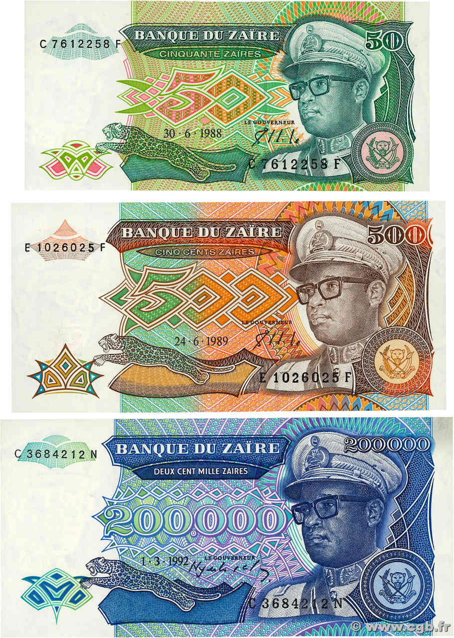 50, 500 et 200000 Zaïres Lot ZAÏRE  1992 P.32, P.34 et P.42a et  NEUF