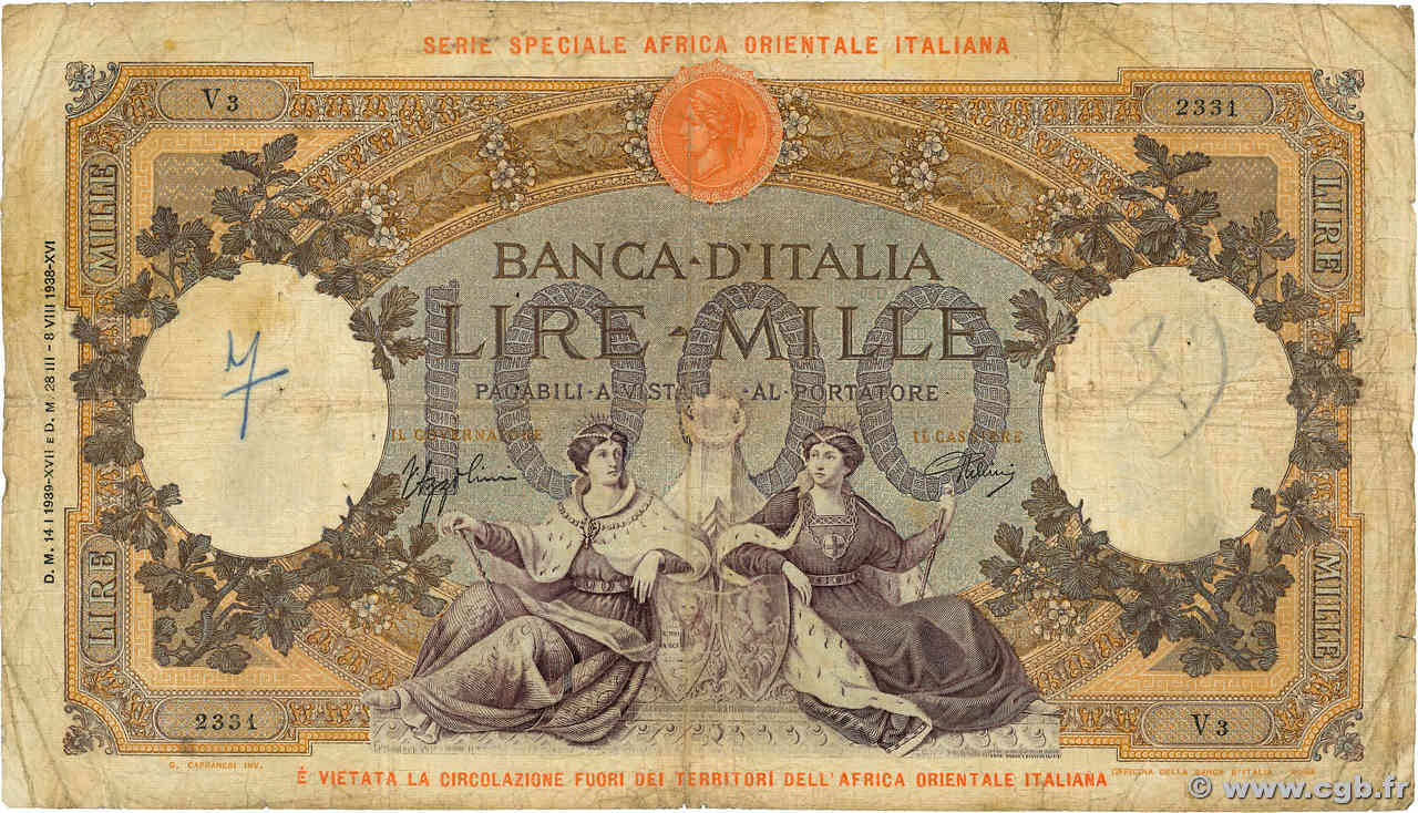 1000 Lire AFRIQUE DE L EST ITALIENNE  1938 P.04a B