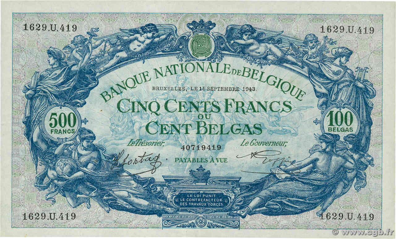 500 Francs - 100 Belgas BELGIQUE  1943 P.109 pr.SUP