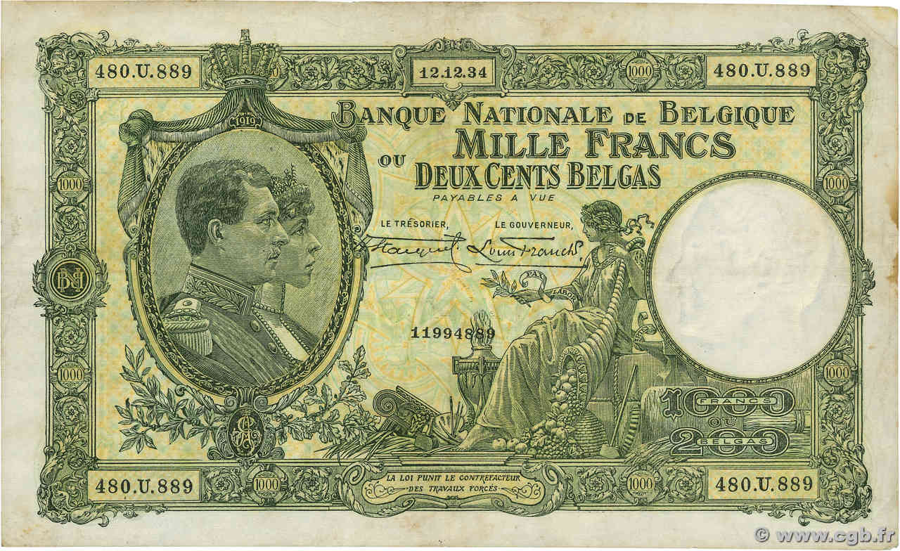 1000 Francs - 200 Belgas BELGIQUE  1934 P.104 TTB