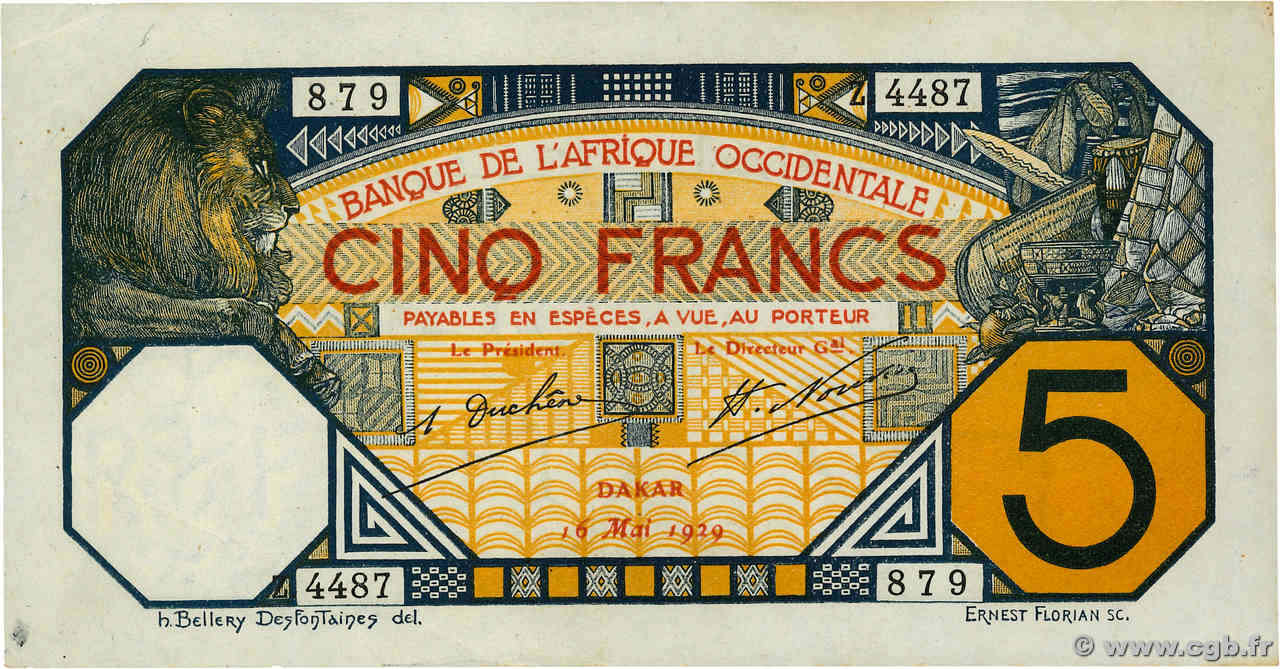 5 Francs DAKAR FRENCH WEST AFRICA Dakar 1929 P.05Bf MBC+