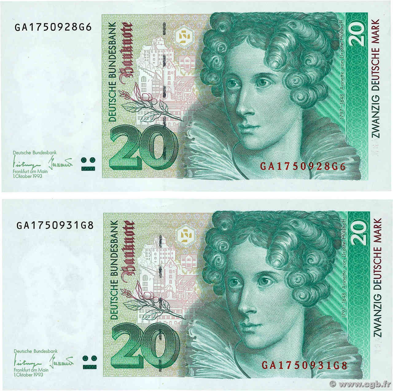 20 Deutsche Mark Lot GERMAN FEDERAL REPUBLIC  1993 P.39b fST+