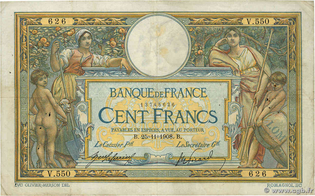 100 Francs LUC OLIVIER MERSON avec LOM FRANCIA  1908 F.22.01 q.BB