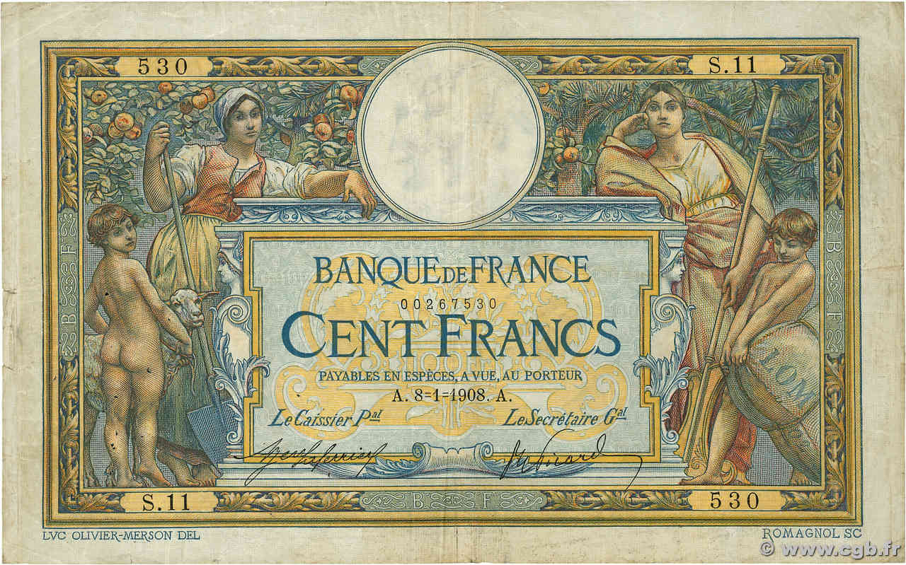 100 Francs LUC OLIVIER MERSON avec LOM FRANKREICH  1908 F.22.01 S