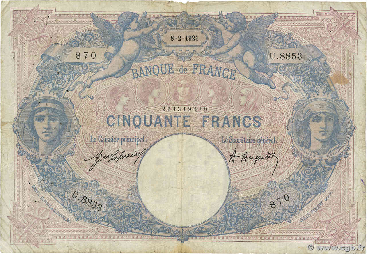 50 Francs BLEU ET ROSE FRANCE  1921 F.14.34 pr.TB