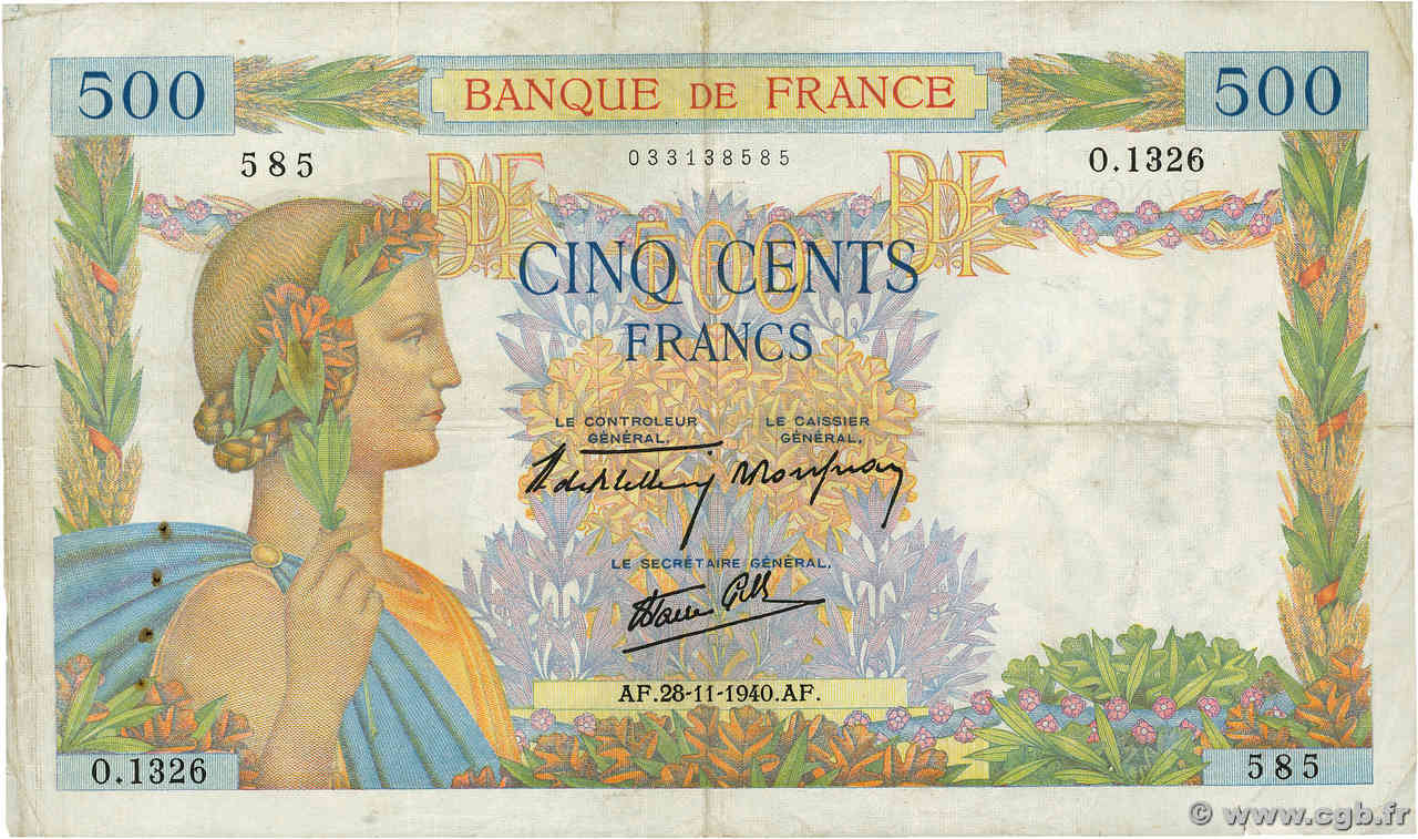 500 Francs LA PAIX FRANCE  1940 F.32.09 TB