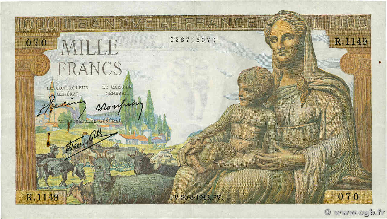 1000 Francs DÉESSE DÉMÉTER FRANKREICH  1942 F.40.05 SS