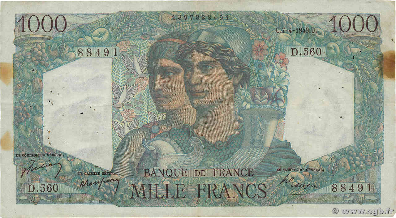 1000 Francs MINERVE ET HERCULE FRANCE  1949 F.41.26 pr.TTB
