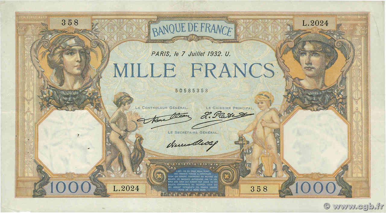 1000 Francs CÉRÈS ET MERCURE FRANCE  1932 F.37.07 TTB