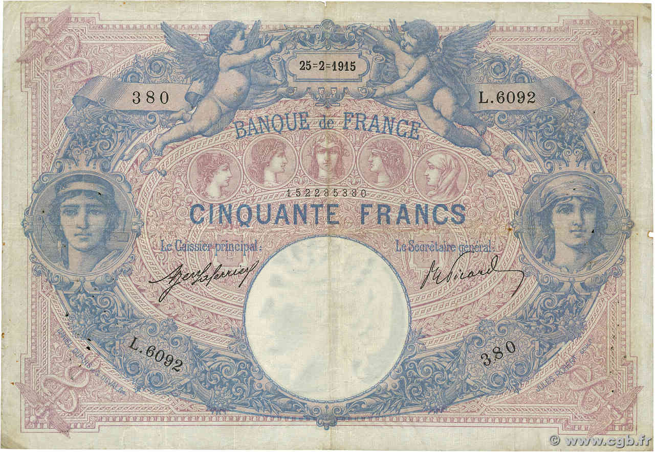 50 Francs BLEU ET ROSE FRANCE  1915 F.14.28 B+