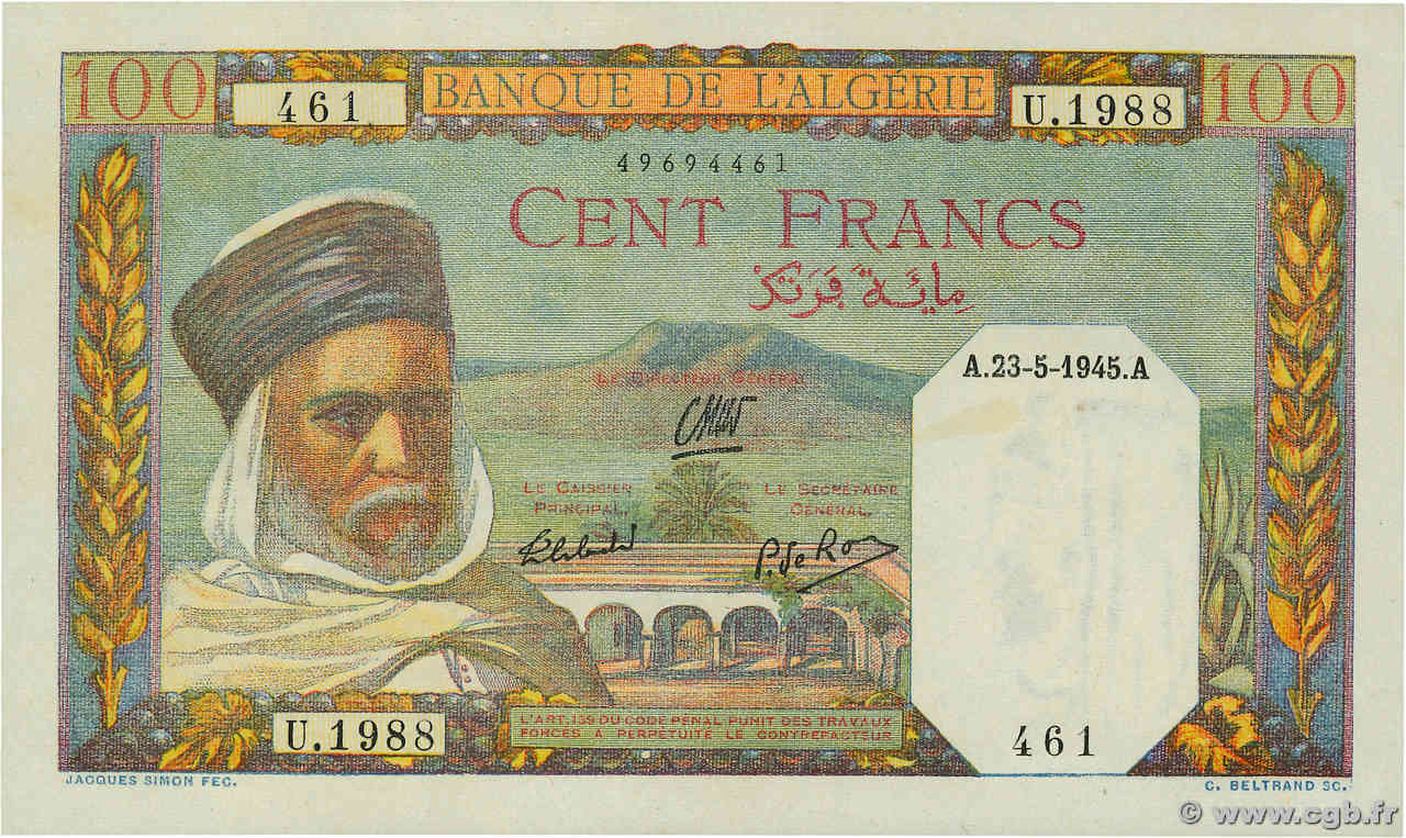 100 Francs ALGÉRIE  1945 P.085 pr.NEUF