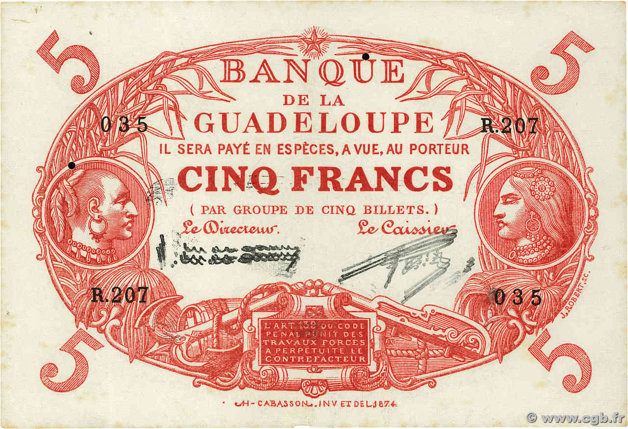 5 Francs Cabasson rouge GUADELOUPE  1943 P.07c SUP+
