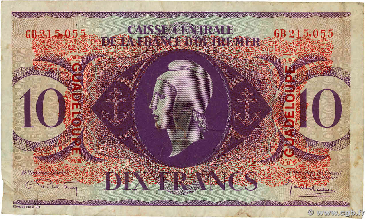 10 Francs GUADELOUPE  1944 P.27 TB