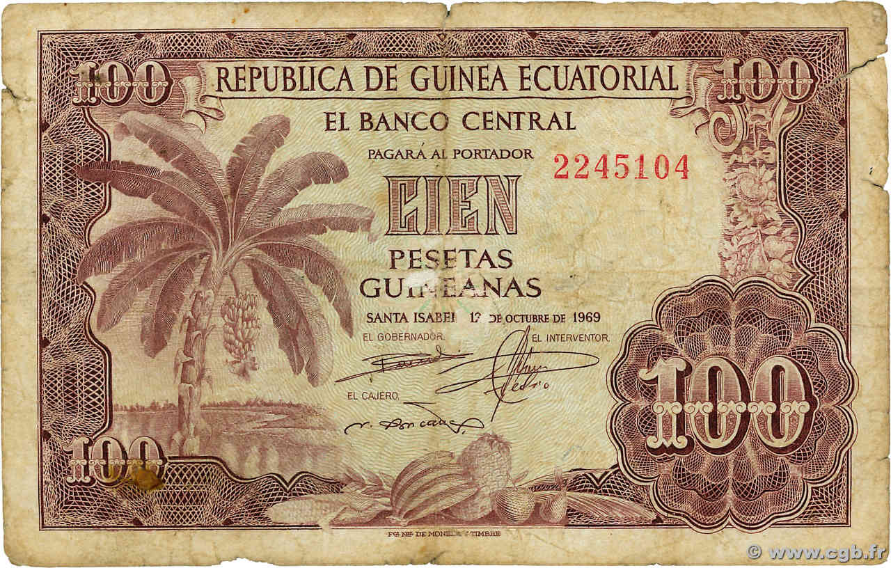 100 Pesetas Guineanas GUINÉE ÉQUATORIALE  1969 P.01 B+