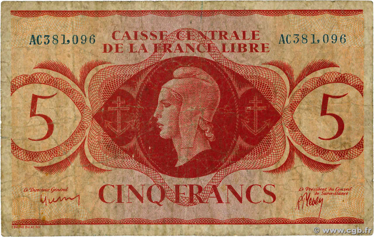 5 Francs Marianne CCFL AFRIQUE ÉQUATORIALE FRANÇAISE Brazzaville 1944 A.118b B
