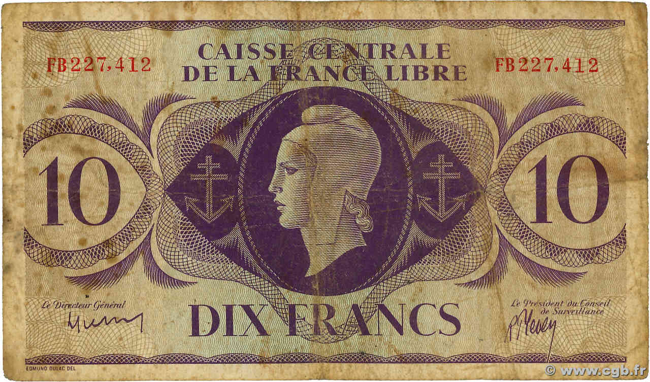 10 Francs Marianne CCFL AFRIQUE ÉQUATORIALE FRANÇAISE Brazzaville 1943 A.119a B+