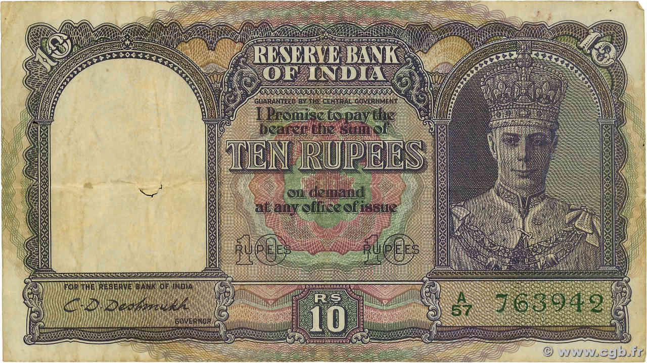 10 Rupees INDE  1943 P.024 TB