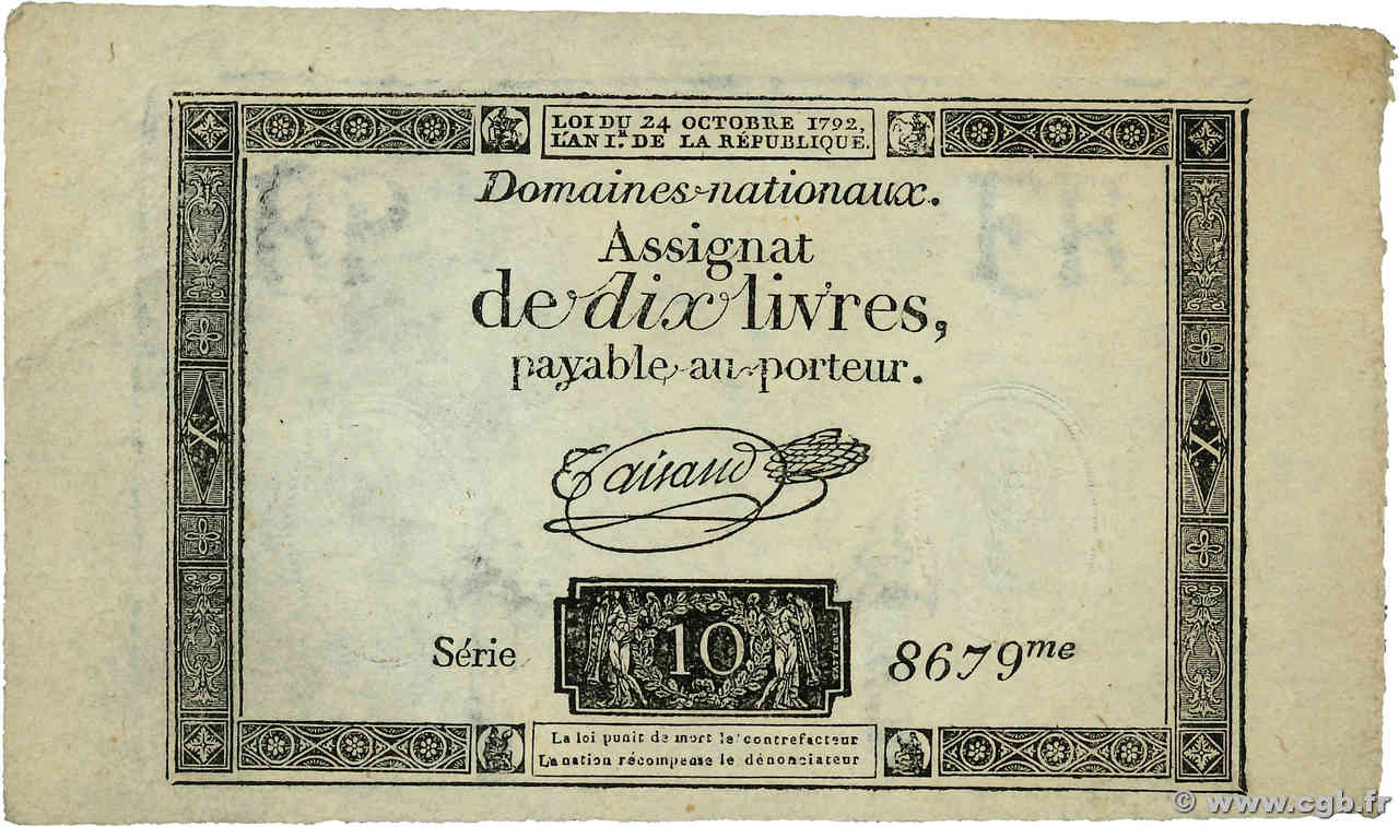 10 Livres filigrane républicain  FRANCE  1792 Ass.36b SUP
