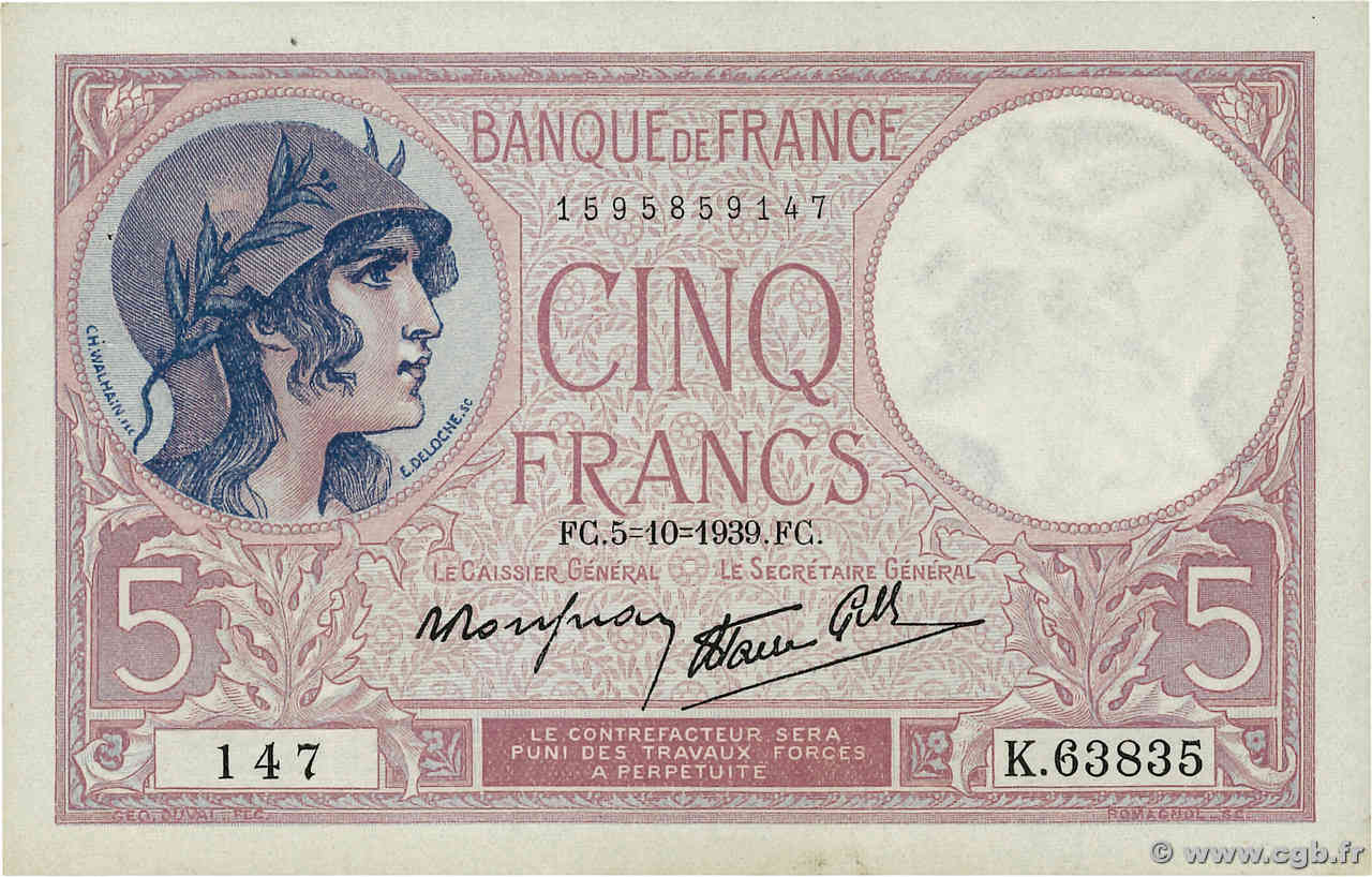 5 Francs FEMME CASQUÉE modifié FRANCE  1939 F.04.11 SUP