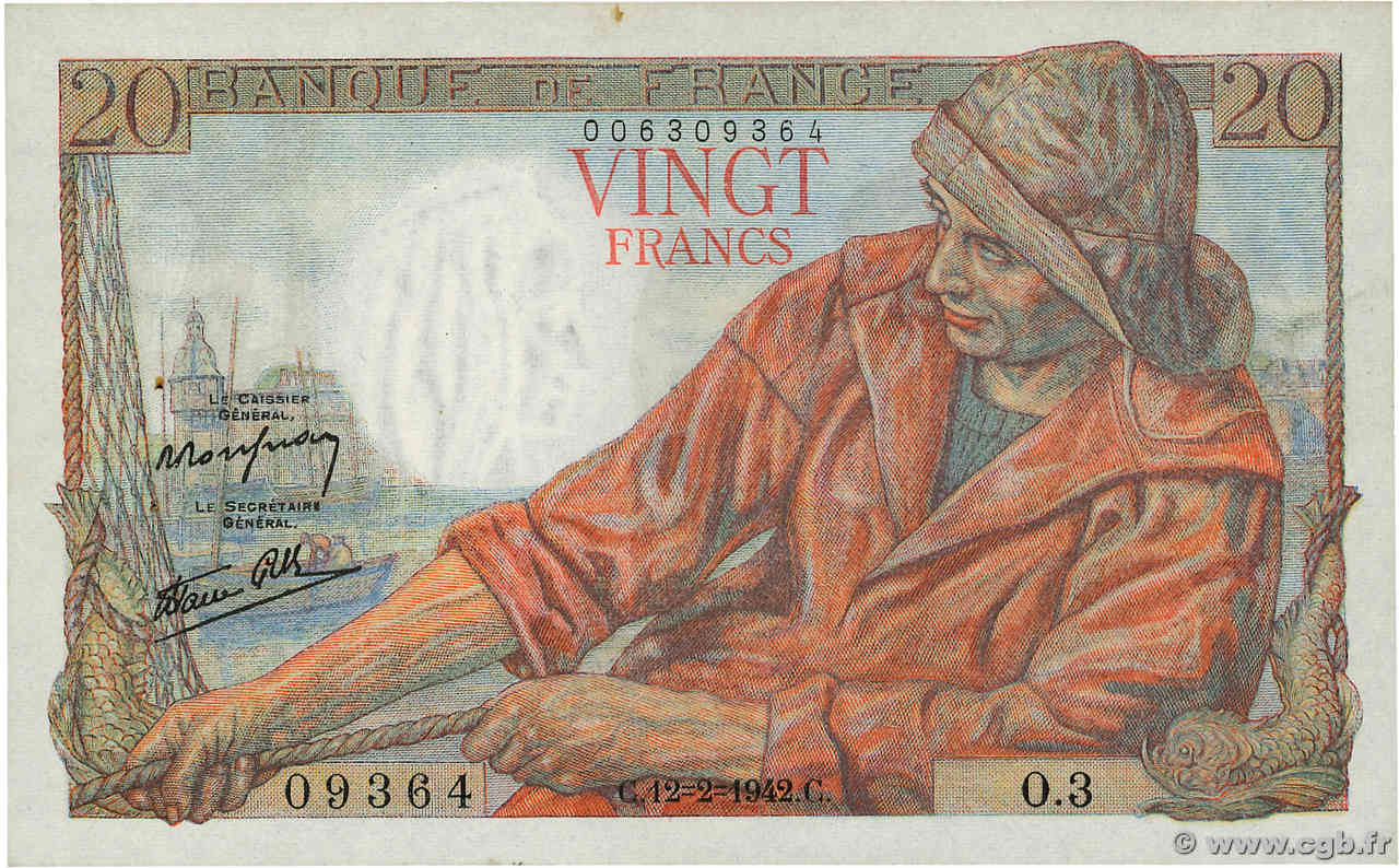 20 Francs PÊCHEUR FRANCE  1942 F.13.01 SUP