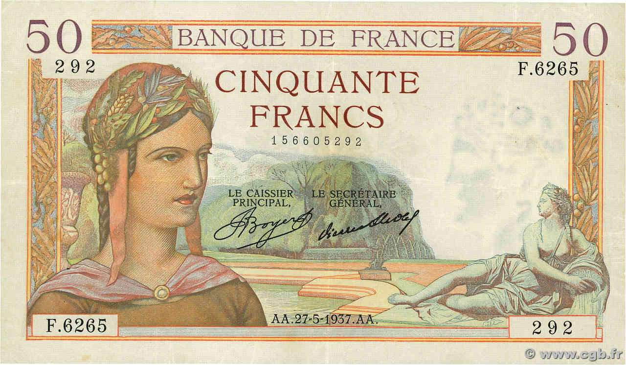 50 Francs CÉRÈS FRANCE  1937 F.17.39 TTB