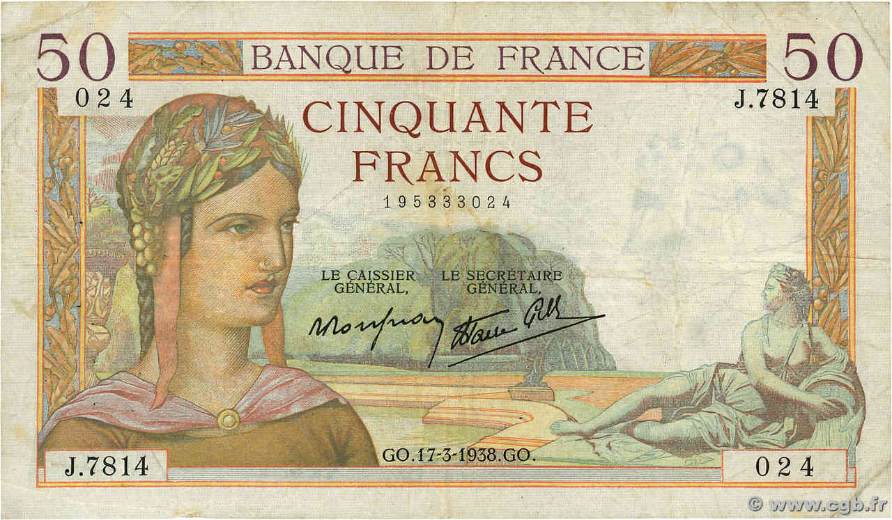 50 Francs CÉRÈS modifié FRANCE  1938 F.18.10 pr.TB
