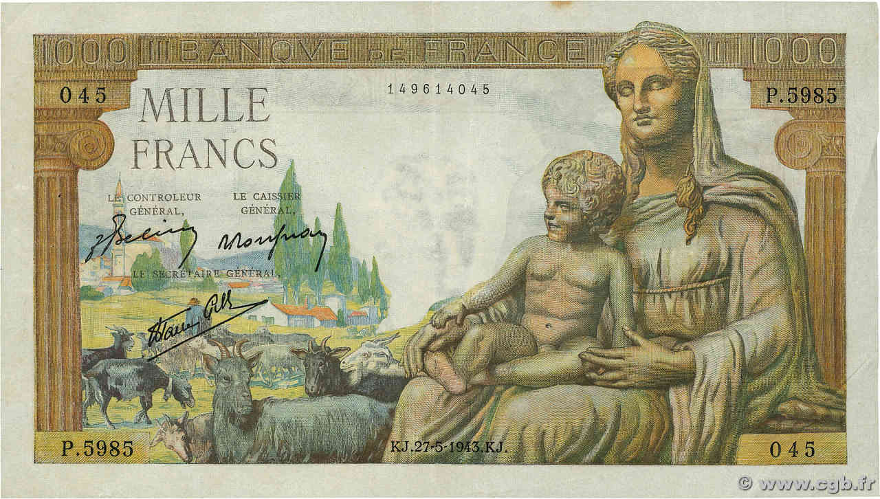 1000 Francs DÉESSE DÉMÉTER FRANCE  1943 F.40.25 TTB+