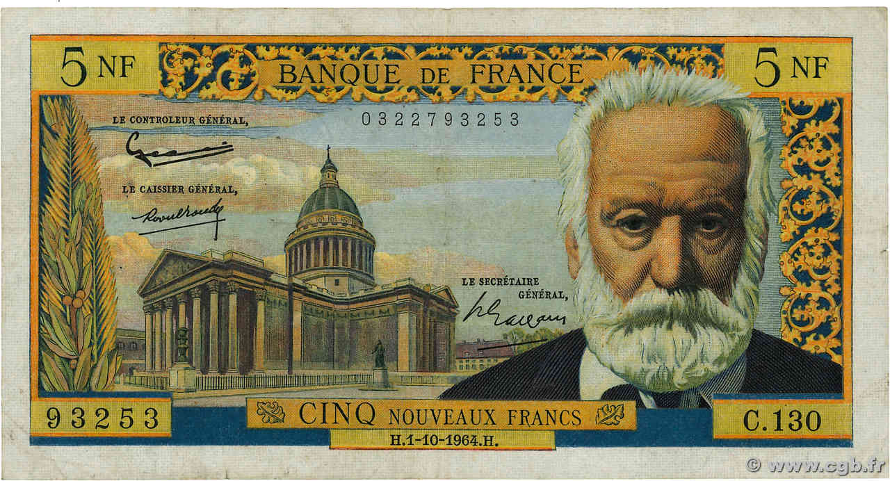 5 Nouveaux Francs VICTOR HUGO FRANCE  1964 F.56.16 TTB