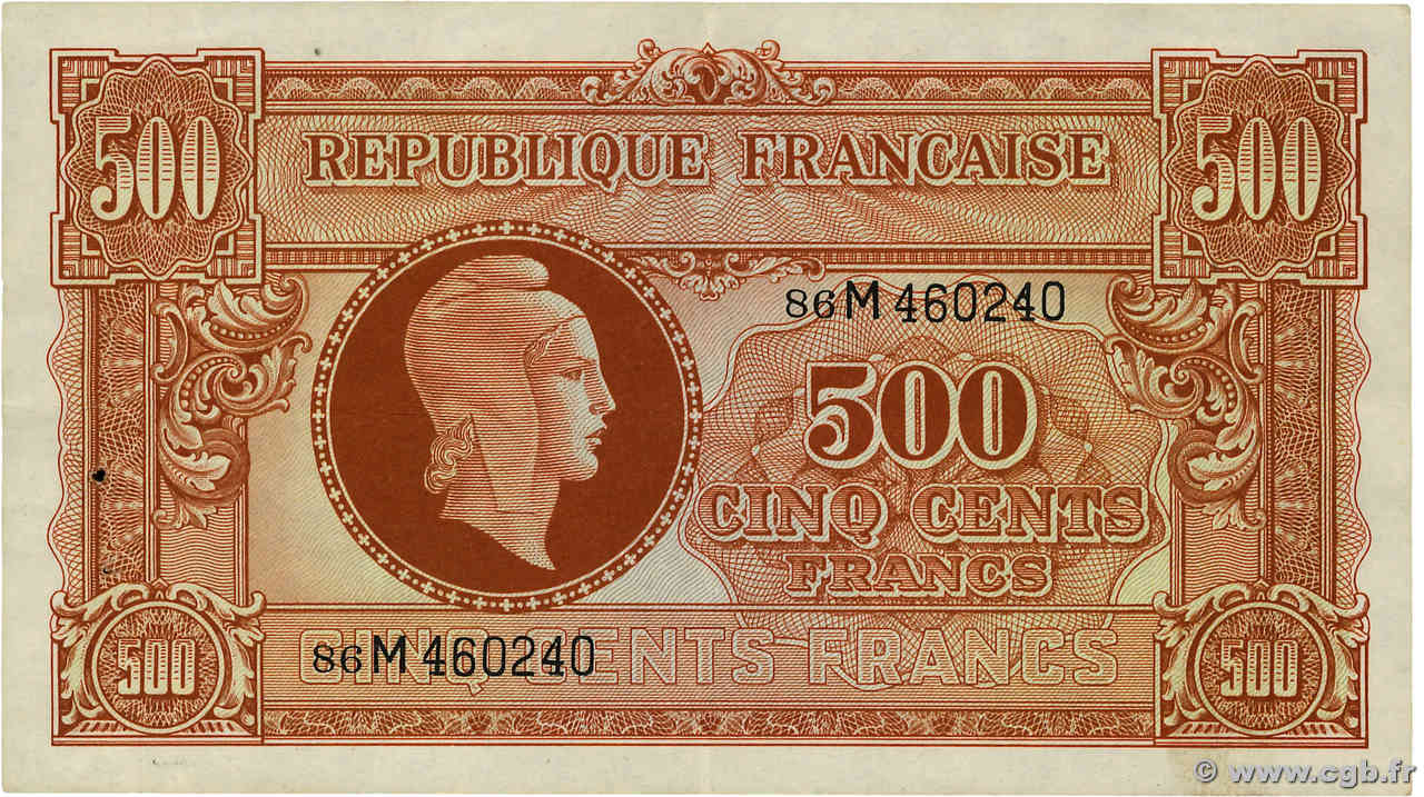 500 Francs MARIANNE fabrication anglaise FRANCE  1945 VF.11.02 TTB+