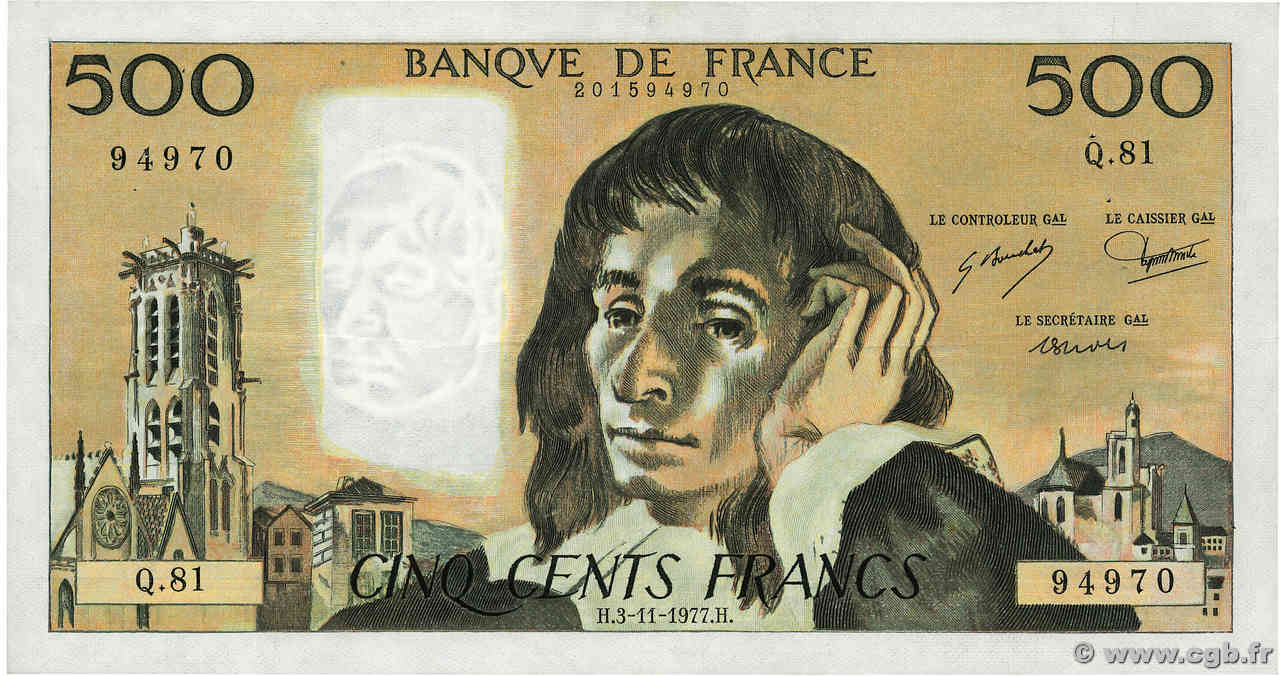 500 Francs PASCAL FRANCE  1977 F.71.17 TTB